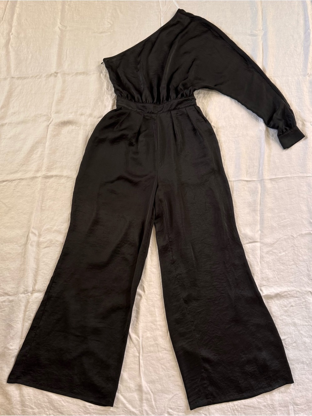 Rivet Utility Flirt Black Satin One Shoulder Jumpsuit M